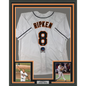 Framed Autographed/Signed Cal Ripken Jr. 35x39 Baltimore White Baseball Jersey Beckett BAS COA