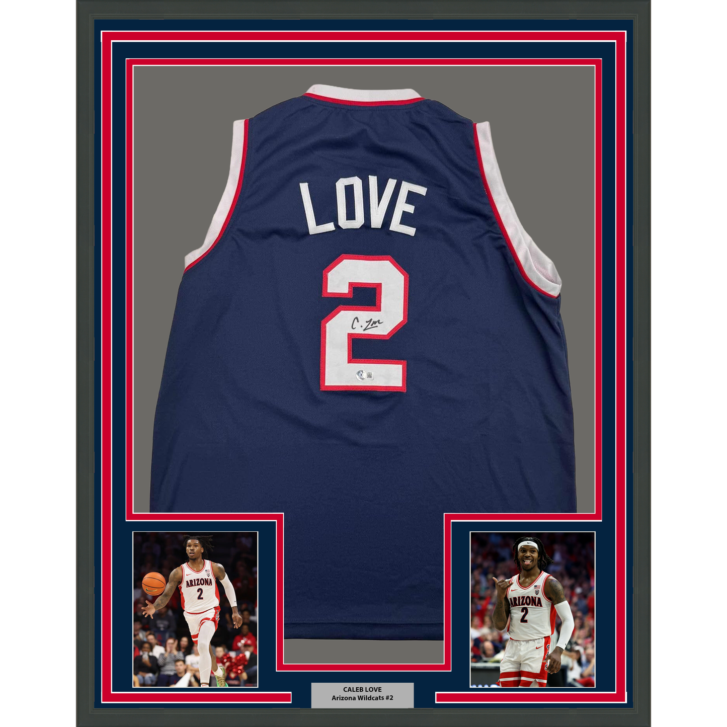 Framed Autographed/Signed Caleb Love 35x39 Arizona Blue College Basketball Jersey Beckett BAS COA
