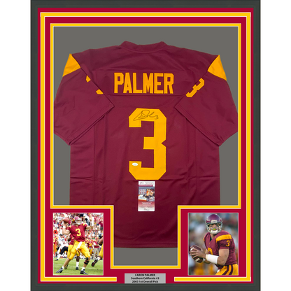 Framed Autographed/Signed Carson Palmer 35x39 USC Southen Cal Maroon College Football Jersey JSA COA