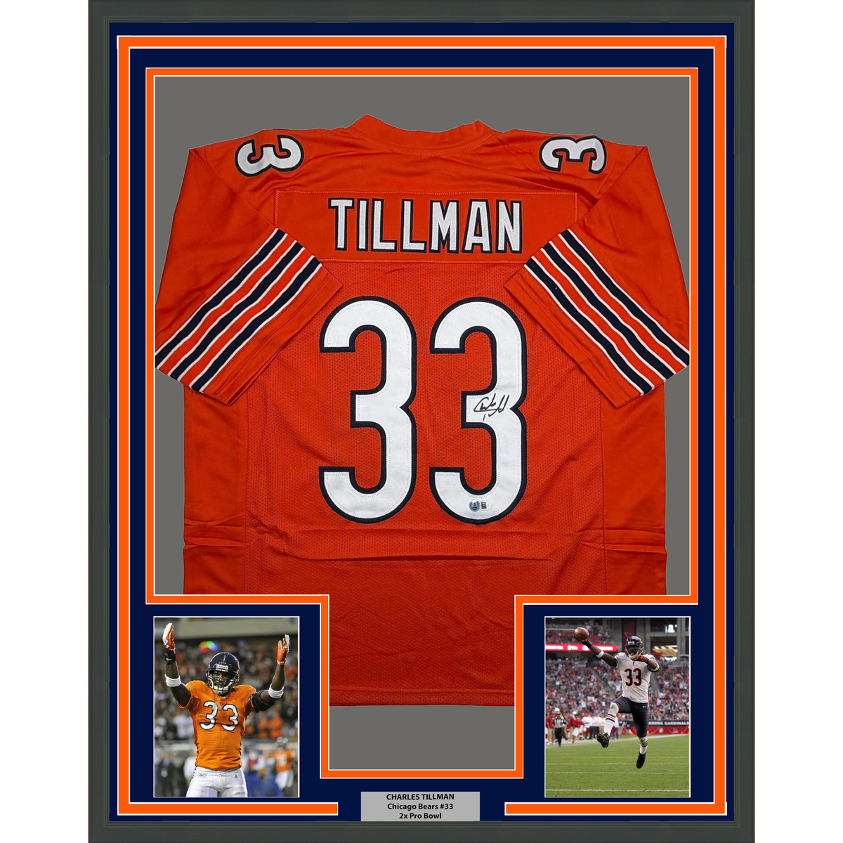 Framed Autographed/Signed Charles Tillman 35x39 Peanut Chicago Orange Football Jersey Beckett BAS COA