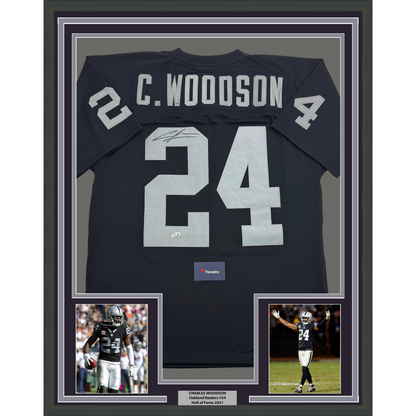Framed Autographed/Signed Charles Woodson 35x39 Oakland Raiders Black Mitchell & Ness Football Jersey Fanatics COA
