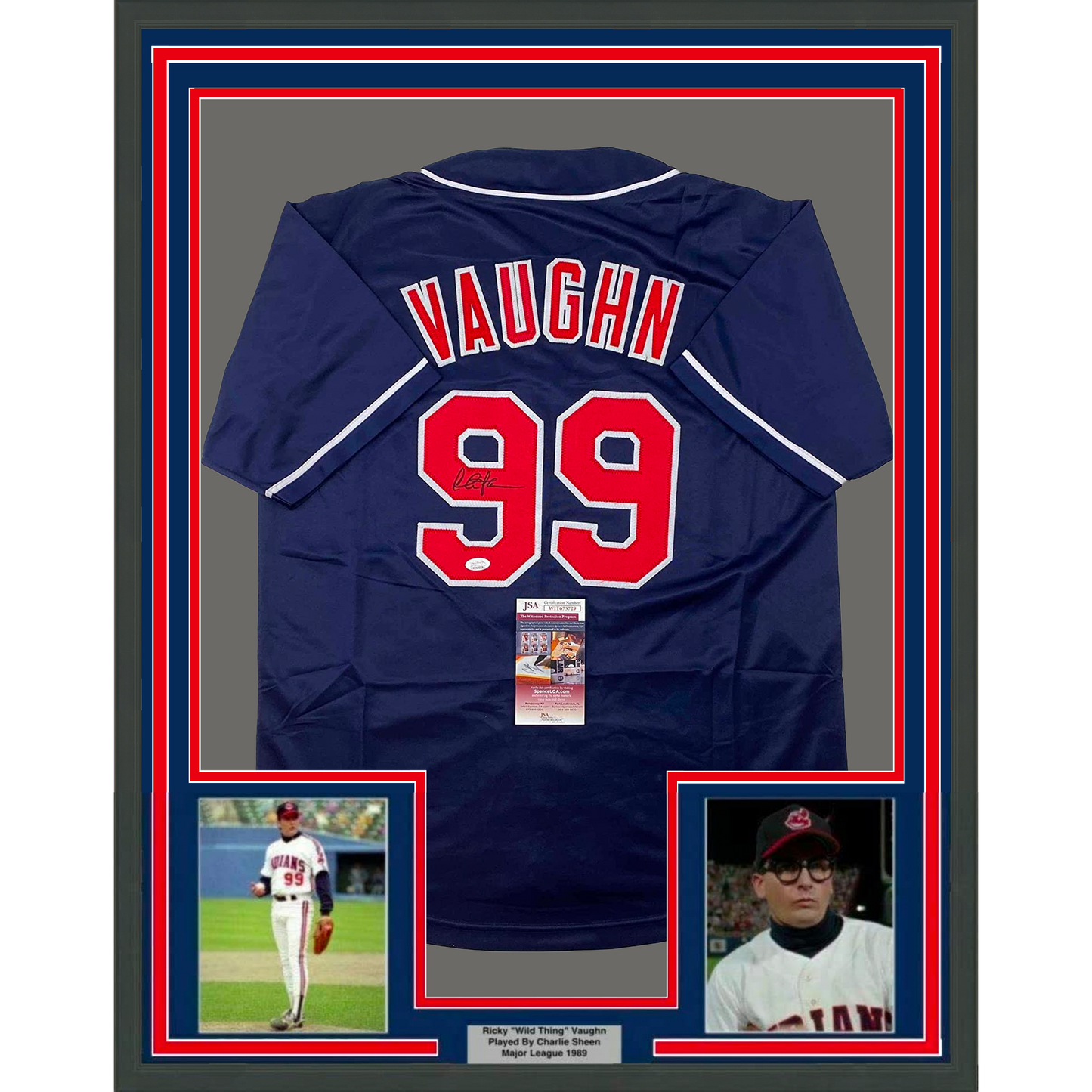 Framed Autographed/Signed Charlie Sheen 35x39 Wild Thing Ricky Vaughn Major League Movie Blue Baseball Jersey JSA COA