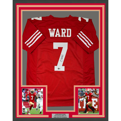 Framed Autographed/Signed Charvarius Ward 35x39 San Francisco Red Football Jersey Beckett BAS COA