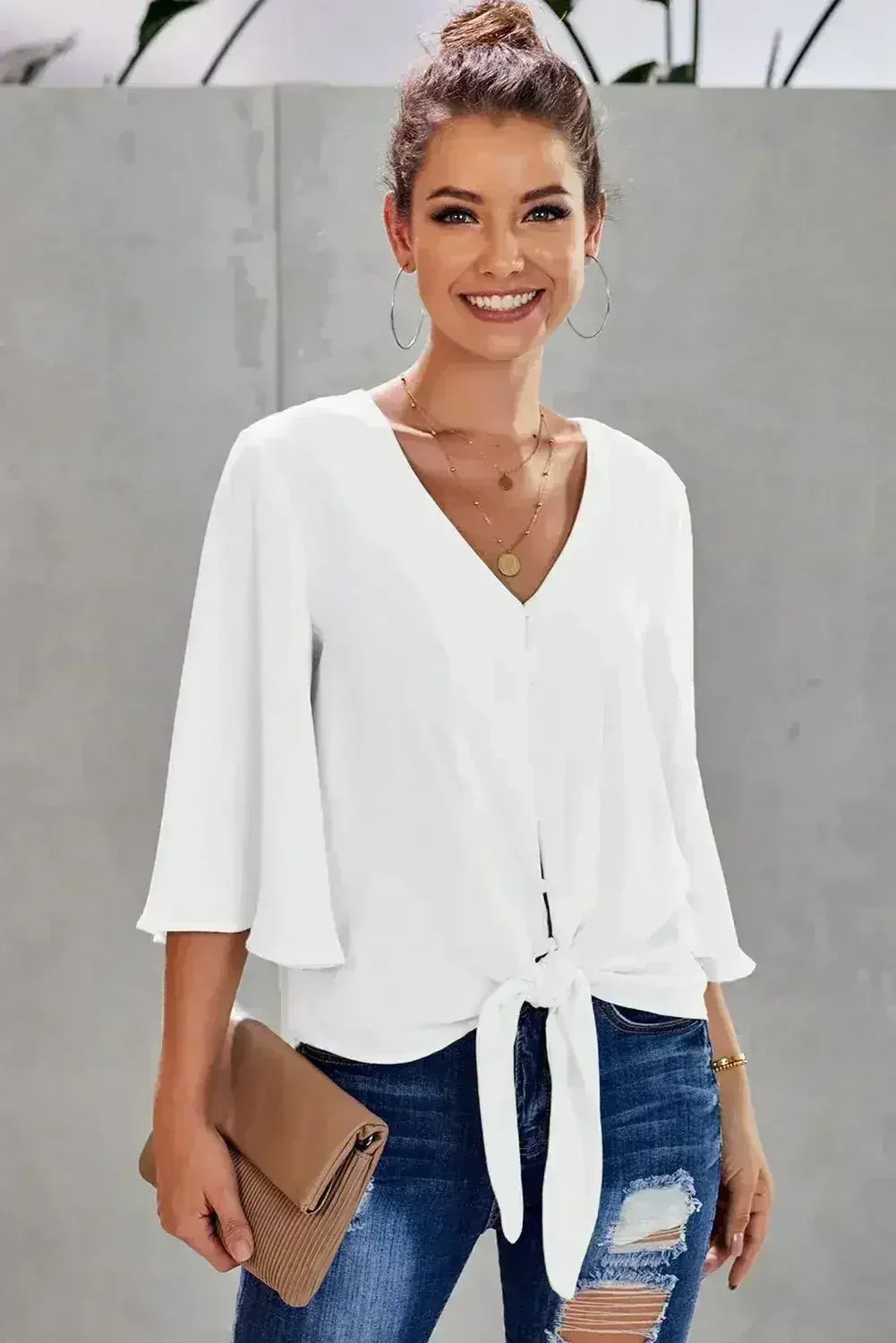 Chic White V Neck Flare Sleeve Button Tie Blouse Top | Femstylo