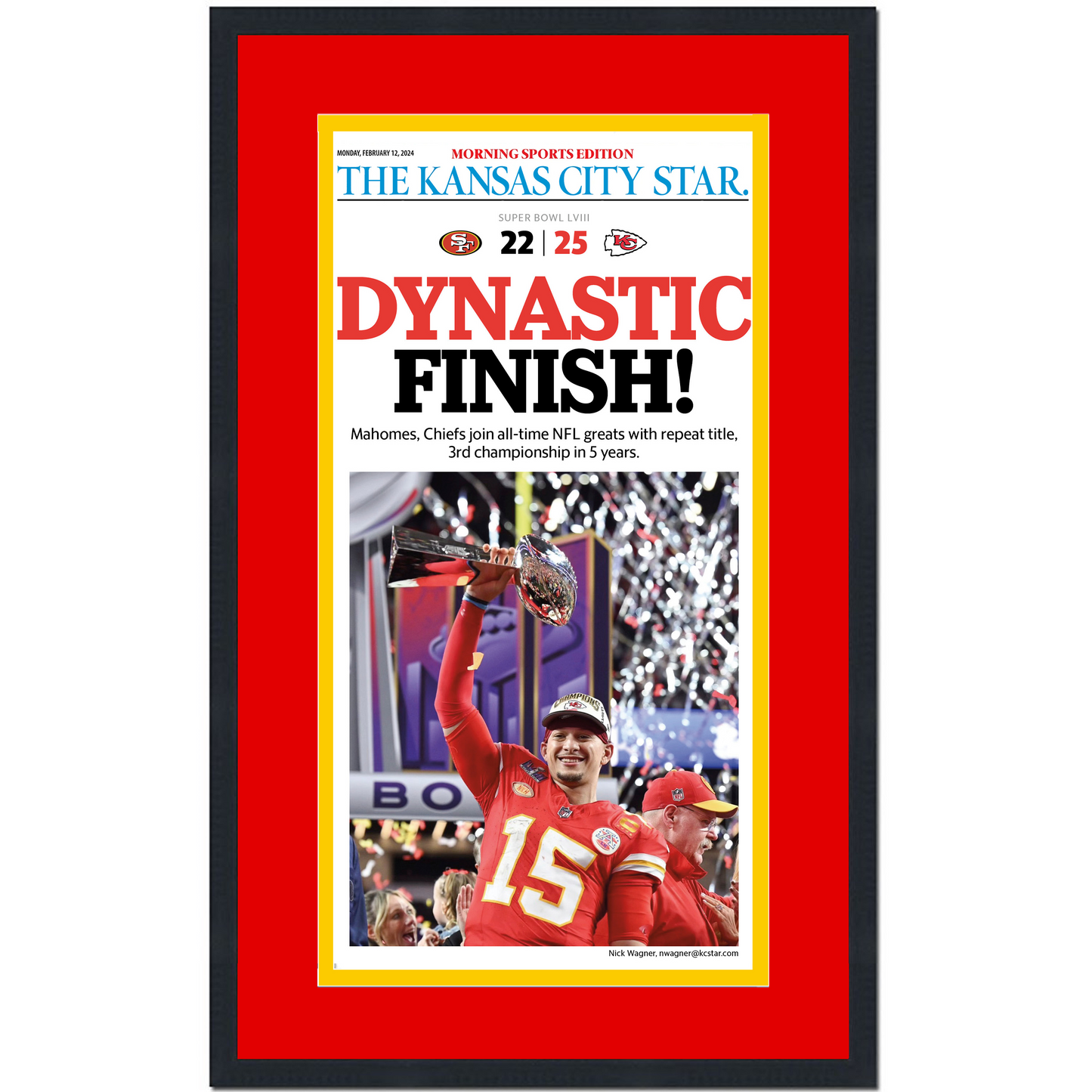 Framed Kansas City Star Chiefs Dynastic Finish Super Bowl LVIII 58 Champions 14x24 Football Newspaper Cover Photo Professionally Matted