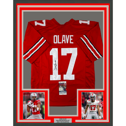 Framed Autographed/Signed Chris Olave 35x39 Ohio State Red College Football Jersey JSA COA