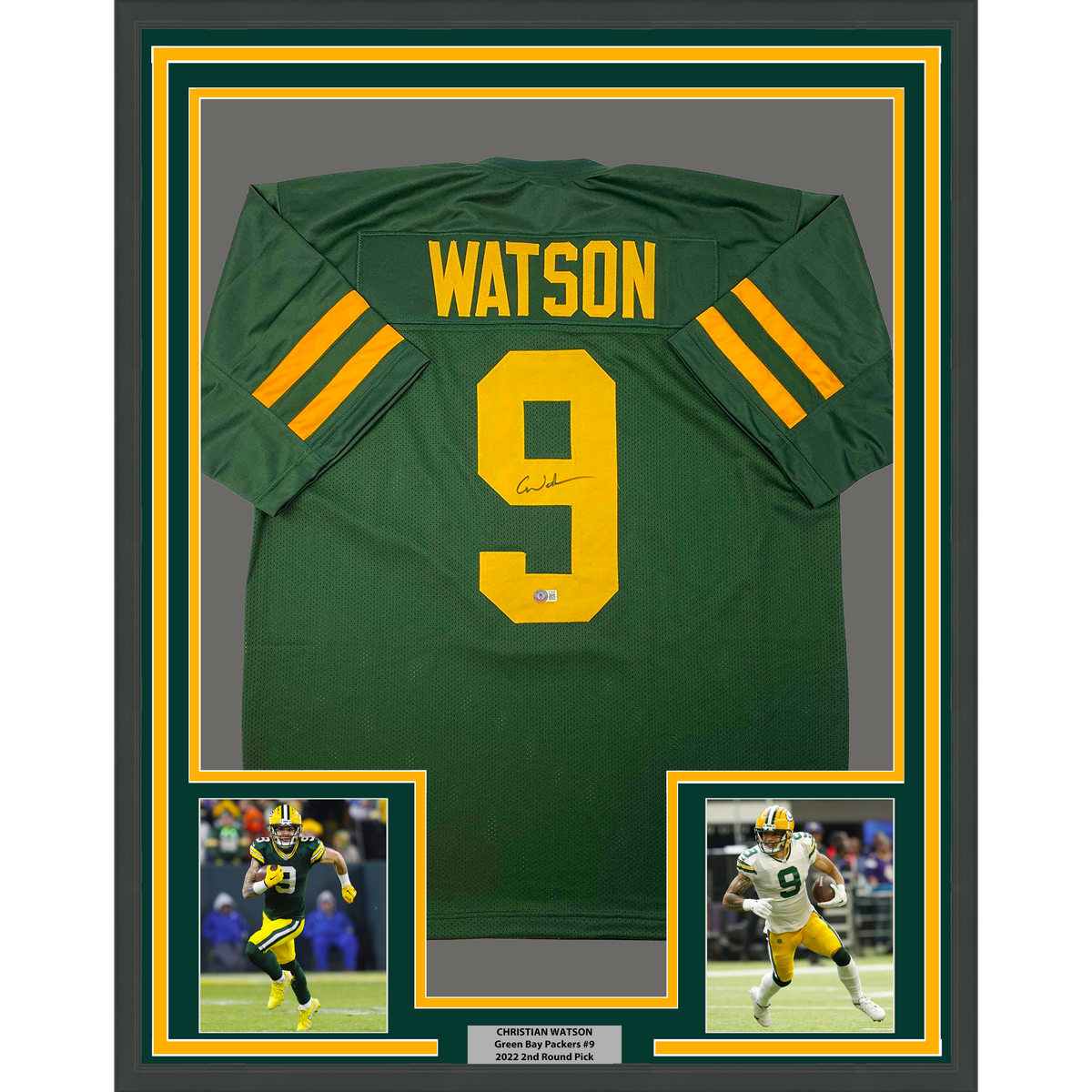 Framed Autographed/Signed Christian Watson 35x39 Green Bay Color Rush Green Football Jersey Beckett BAS COA