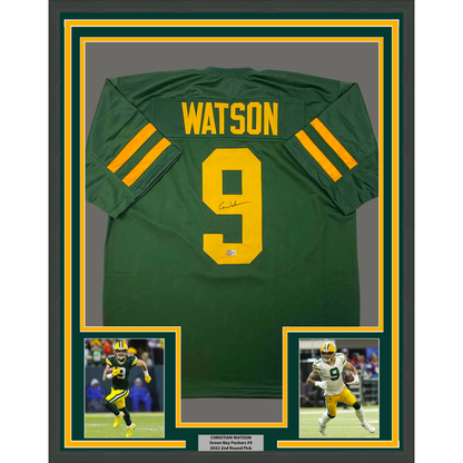 Framed Autographed/Signed Christian Watson 35x39 Green Bay Color Rush Green Football Jersey Beckett BAS COA