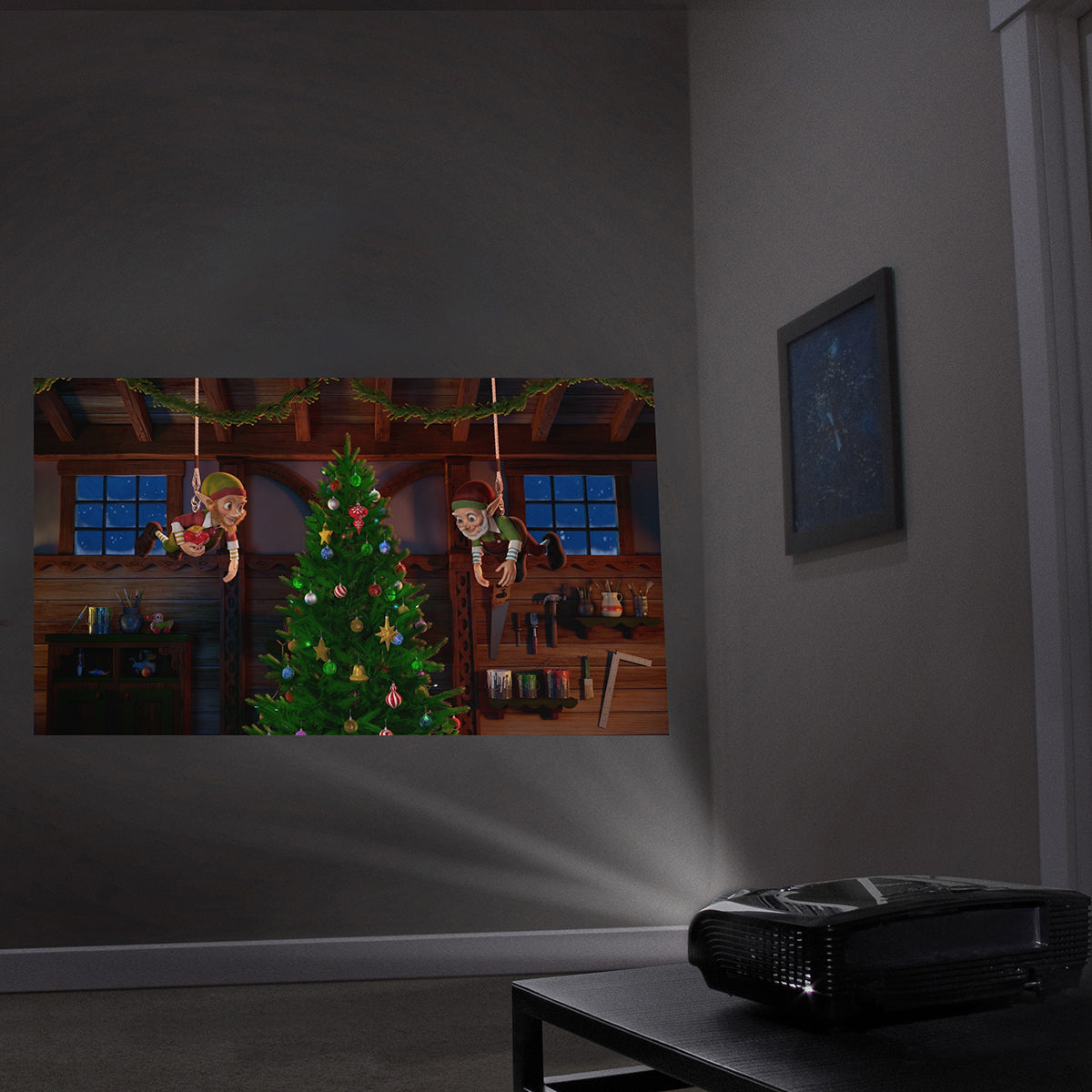 Christmas Digital Decoration Kit Includes 7 AtmosFX® Video Effects for Christmas + HD Super Bright Projector + 48” x 72” Holographic Projection Screen