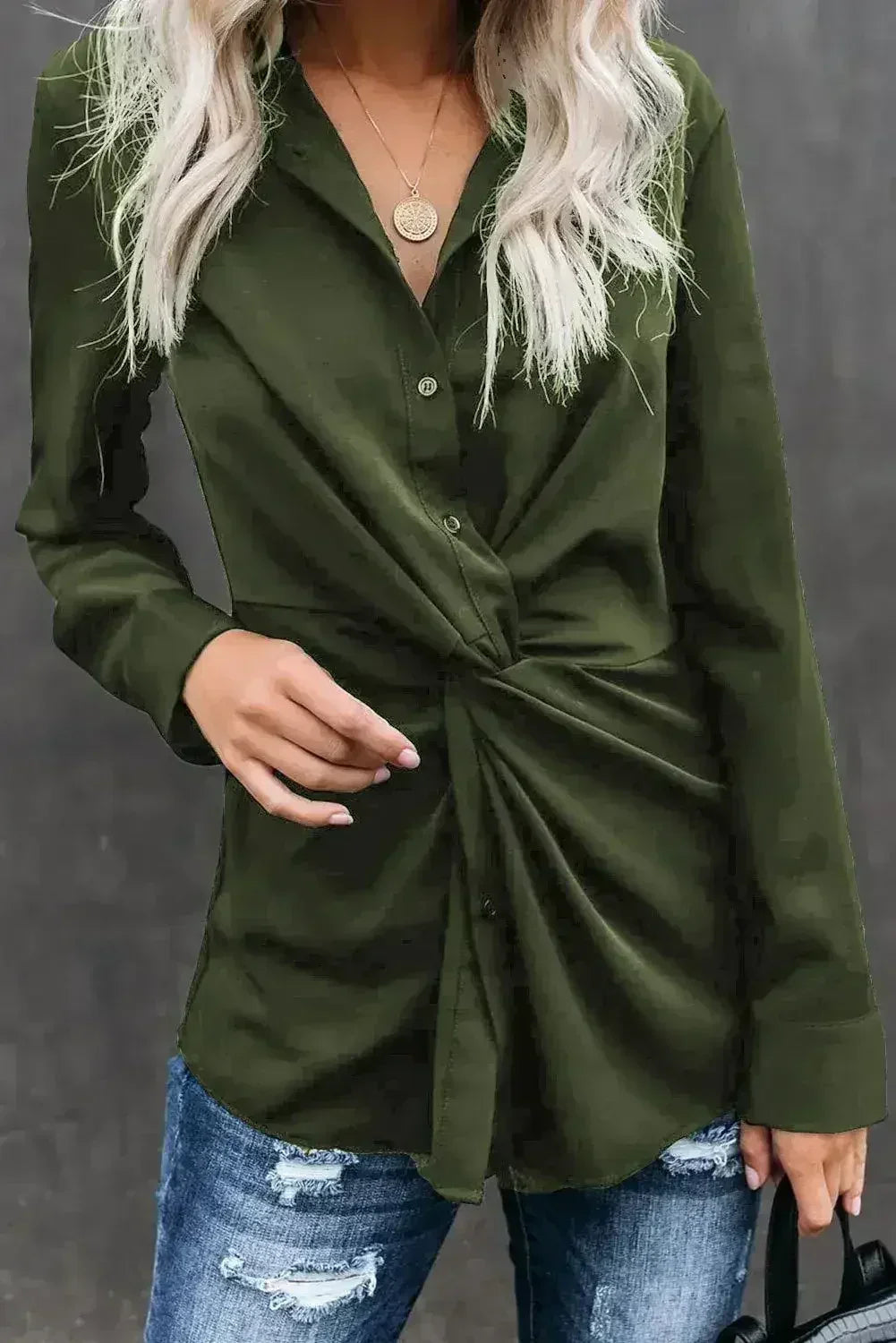 Classic Styles Green Button Down Twist Blouse | Femstylo