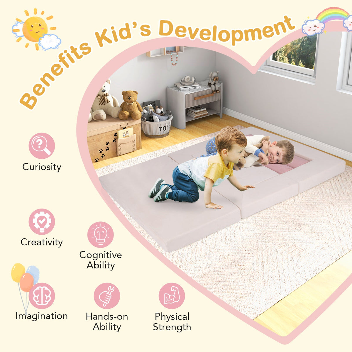 9-Piece Climb and Crawl Foam and Floor Playset with Breathable Suede Fabric-Pink