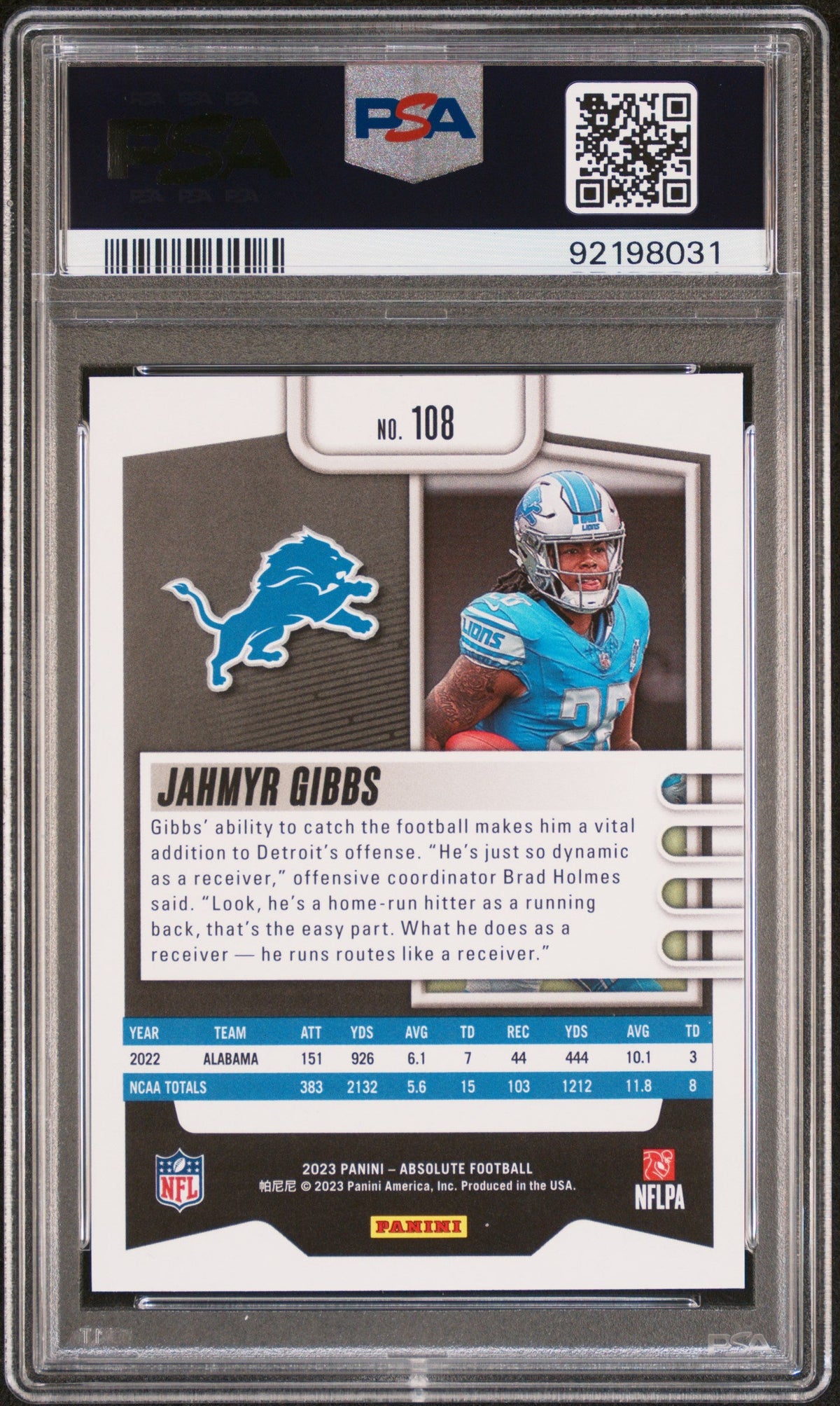 Graded 2023 Panini Absolute Jahmyr Gibbs #108 Black Rookie RC Football Card PSA 10 Gem Mint