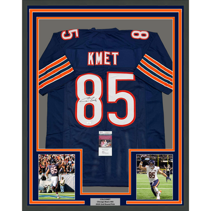 Framed Autographed/Signed Cole Kmet 35x39 Chicago Blue Football Jersey JSA COA