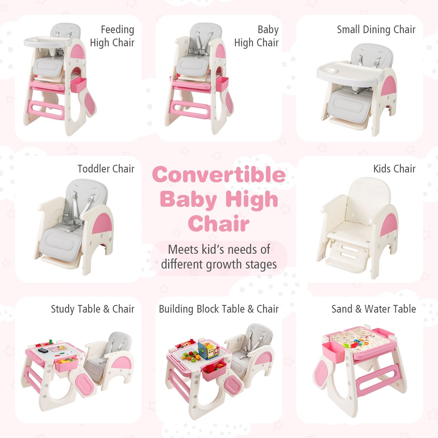 Convertible Baby High Chair with Double-layer Tray and Adjustable Backrest
