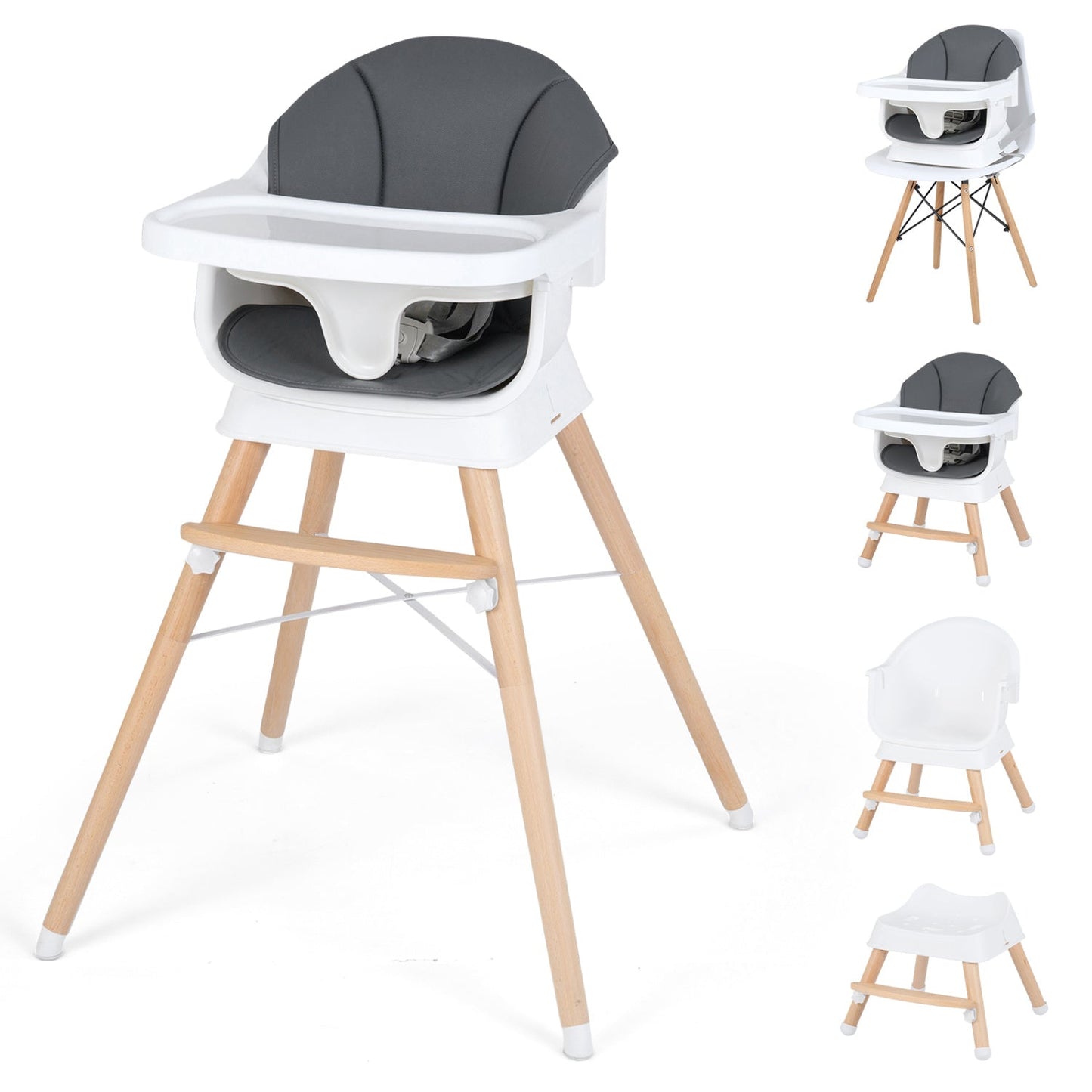 Convertible High Chair for Babies and Toddlers Solid Wood Baby Feeding Chair with 3-Position Adjustable Tray