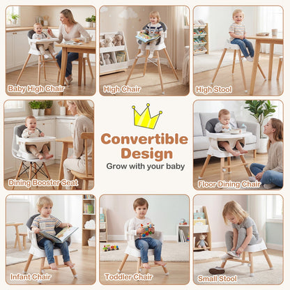 Convertible High Chair for Babies and Toddlers Solid Wood Baby Feeding Chair with 3-Position Adjustable Tray