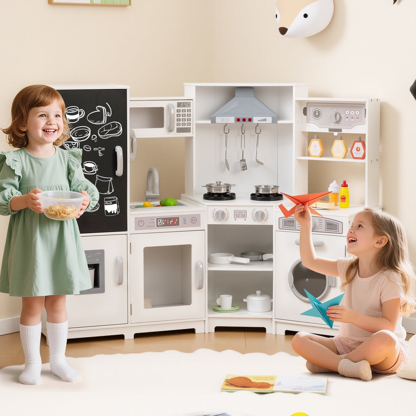 Corner Wooden Play Kitchen with Lights and Sounds Large Pretend Play Kitchen Set