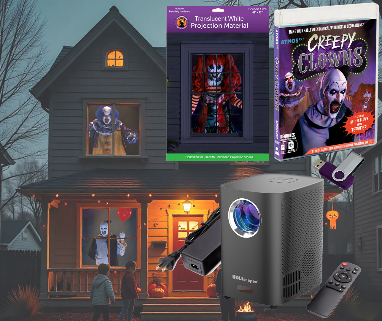 HoliScapes® USB Projector Kit - Creepy Clowns + Projector + 48" x 72" Projection Screen