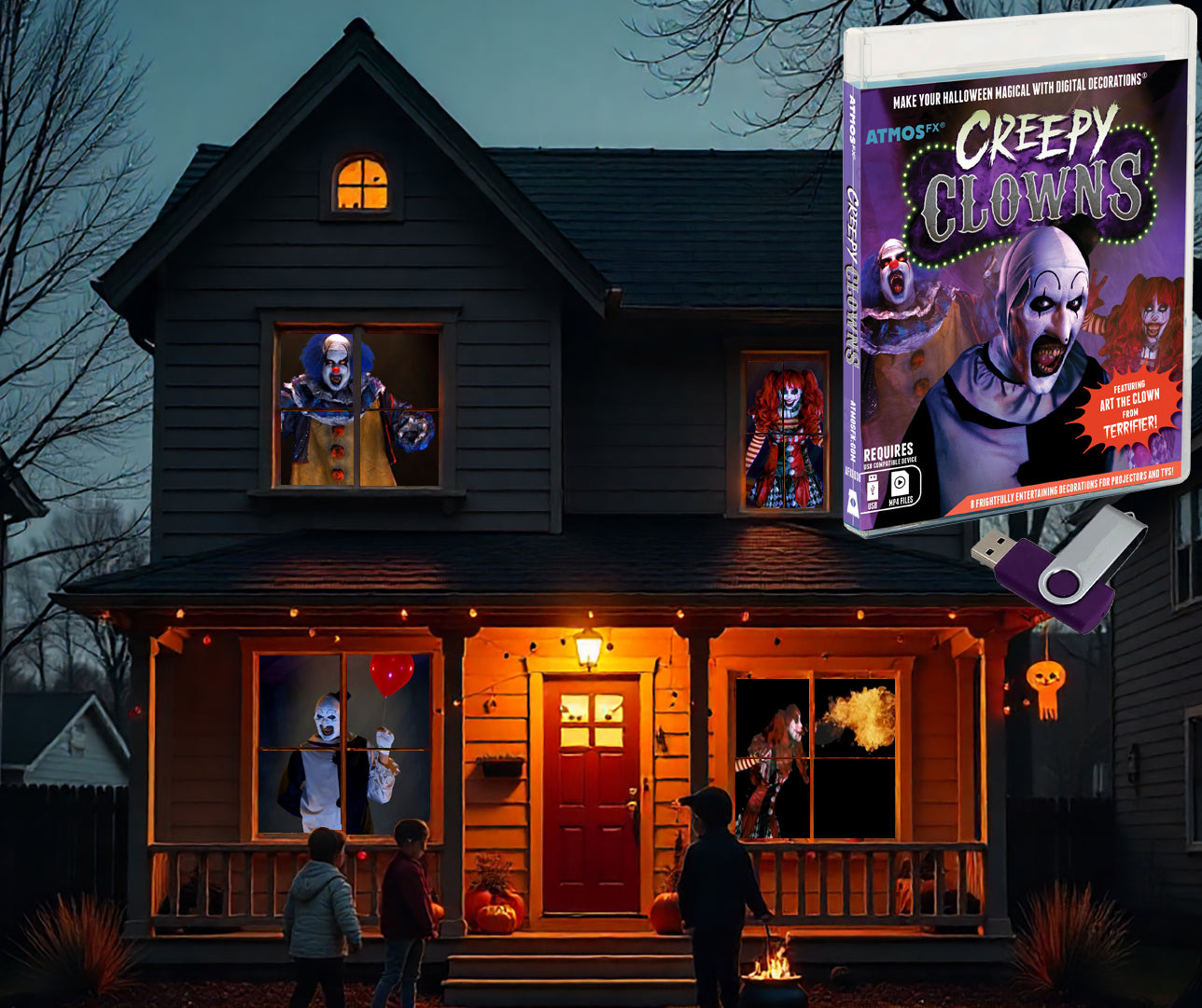 AtmosFX® Creepy Clowns Halloween Digital Decoration on USB Includes 8 Atmosfx Video Effects for Hallloween
