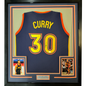 Framed Autographed/Signed Stephen Steph Curry 35x39 Golden State Navy Blue Throwback Basketball Jersey JSA COA