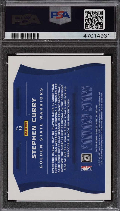 Graded 2019 Panini Donruss Optic Stephen Curry #13 Fantasy Stars Basketball Card PSA 10 Gem Mint