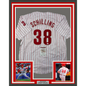 Framed Autographed/Signed Curt Schilling 35x39 Philadelphia Pinstripe Baseball Jersey JSA COA