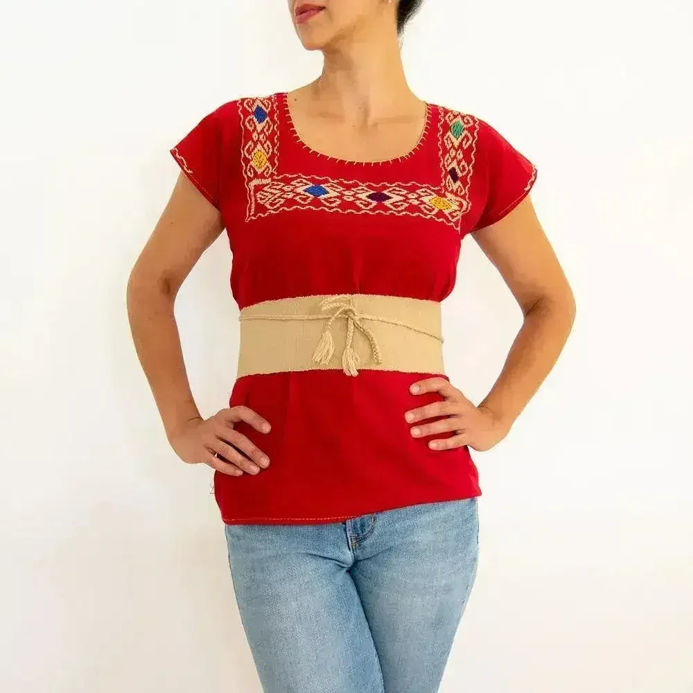 Red Blouse Huipil with Colorful Hand Stitched on