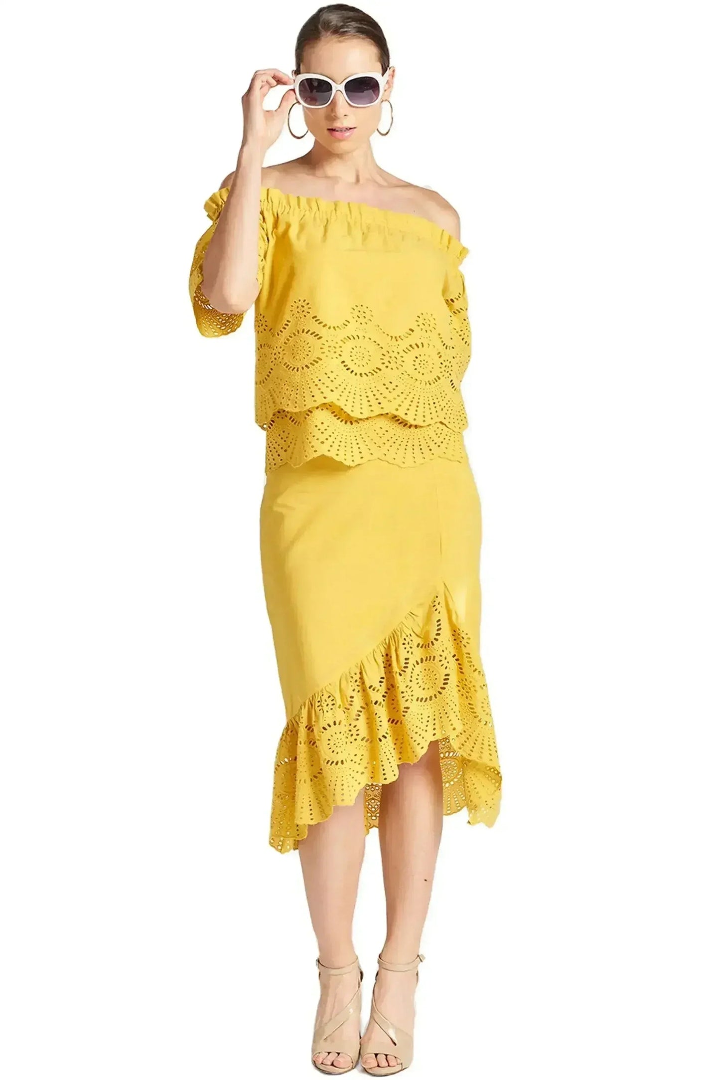 Marigold Daisy Top - Double layer off the shoulder cotton eyelet top
