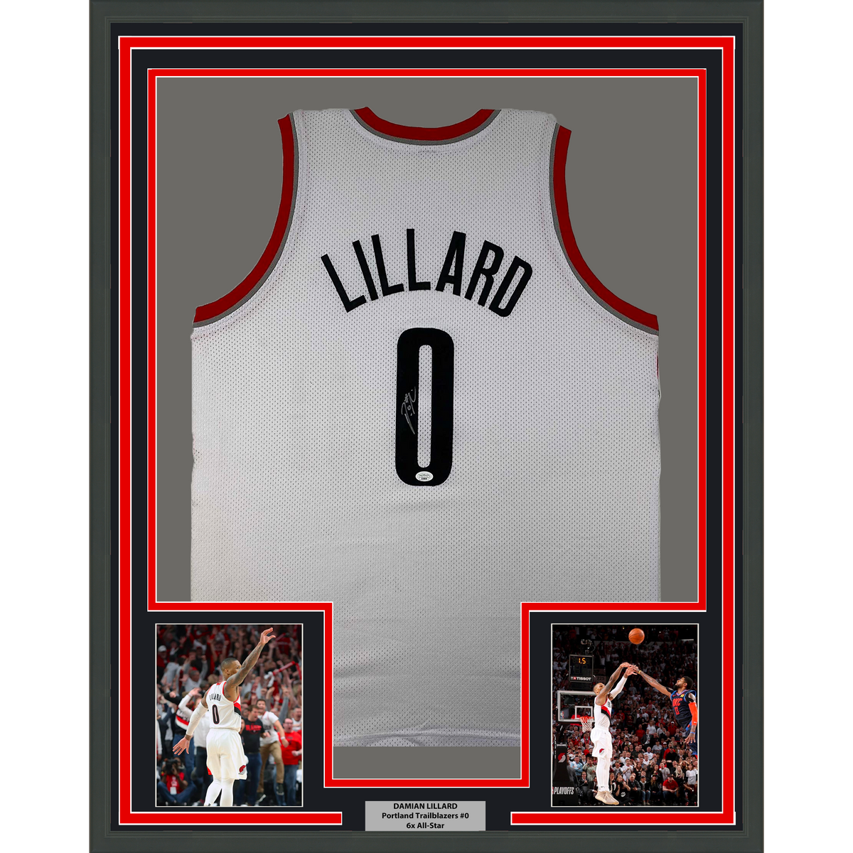 Framed Autographed/Signed Damian Lillard 35x39 Portland White Basketball Jersey JSA COA