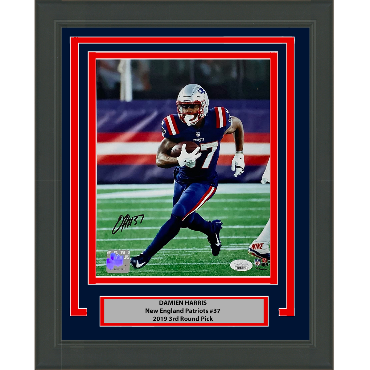 Framed Autographed/Signed Damien Harris New England Patriots 8x10 Football Photo JSA COA