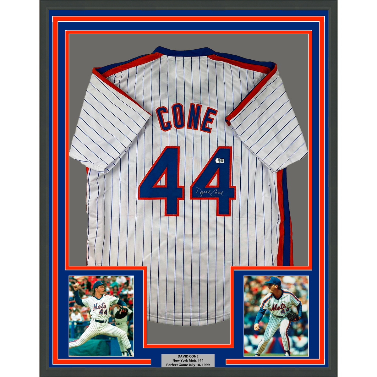 Framed Autographed/Signed David Cone 35x39 New York Pinstripe Baseball Jersey Beckett BAS COA