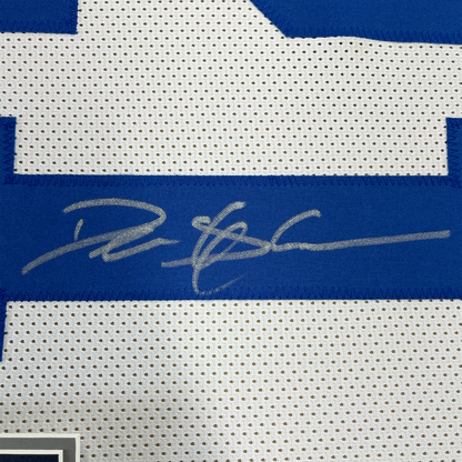 Framed Autographed/Signed Deion Sanders 35x39 Dallas White Football Jersey Beckett BAS COA