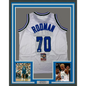 Framed Autographed/Signed Dennis Rodman 35x39 Dallas White Basketball Jersey JSA COA