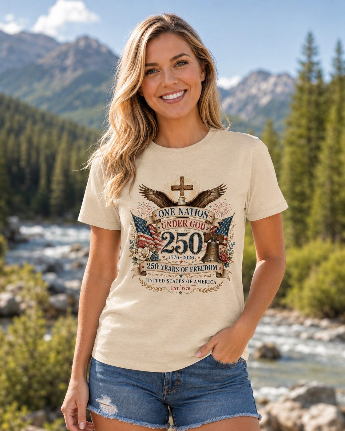 Ladies Vintage T-Shirt One Nation Under God Patriotic Freedom