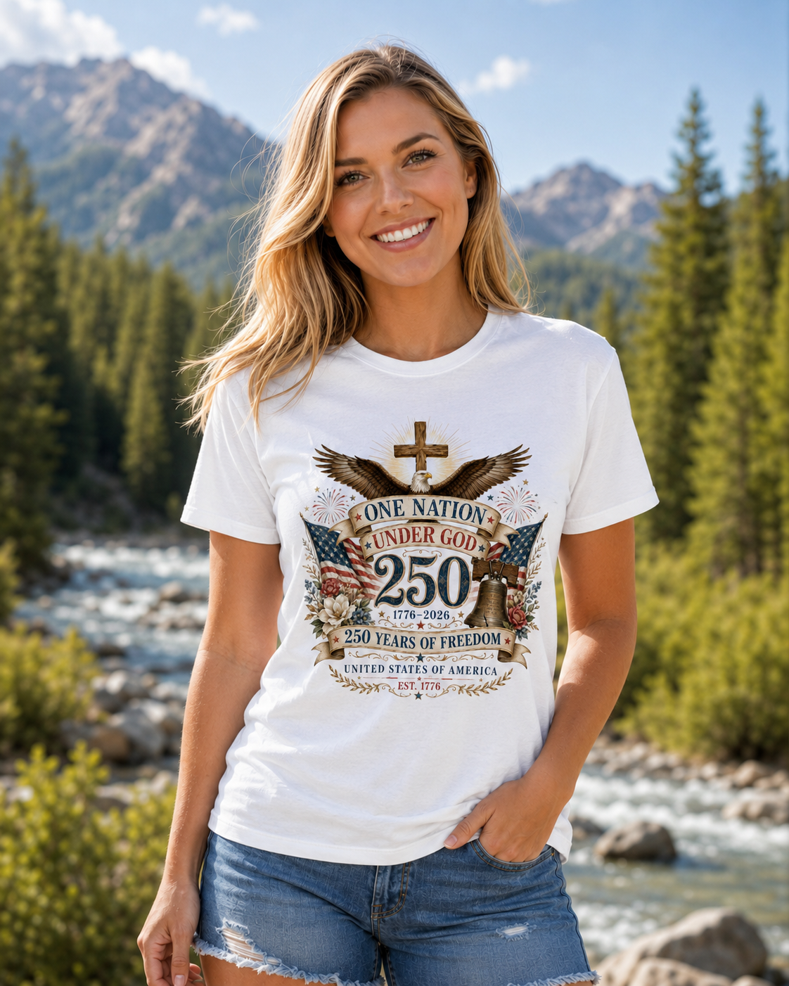 Ladies Vintage T-Shirt One Nation Under God Patriotic Freedom