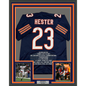Framed Autographed/Signed Devin Hester 35x39 Chicago Blue Stat Football Jersey JSA COA