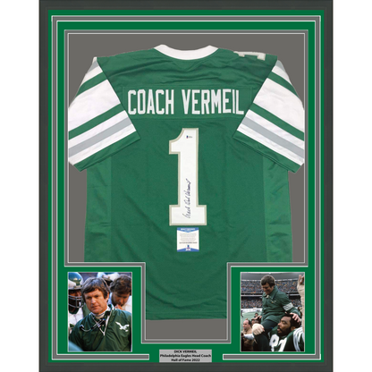 Framed Autographed/Signed Dick Vermeil 35x39 Philadelphia Green Football Jersey JSA COA