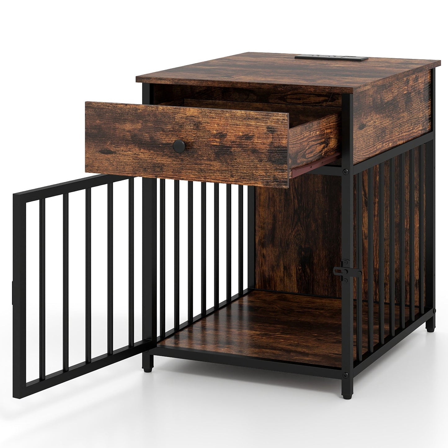 Dog Crate Furniture for Small Dogs Wooden Puppy Kennel with Charging Station-Rustic Brown