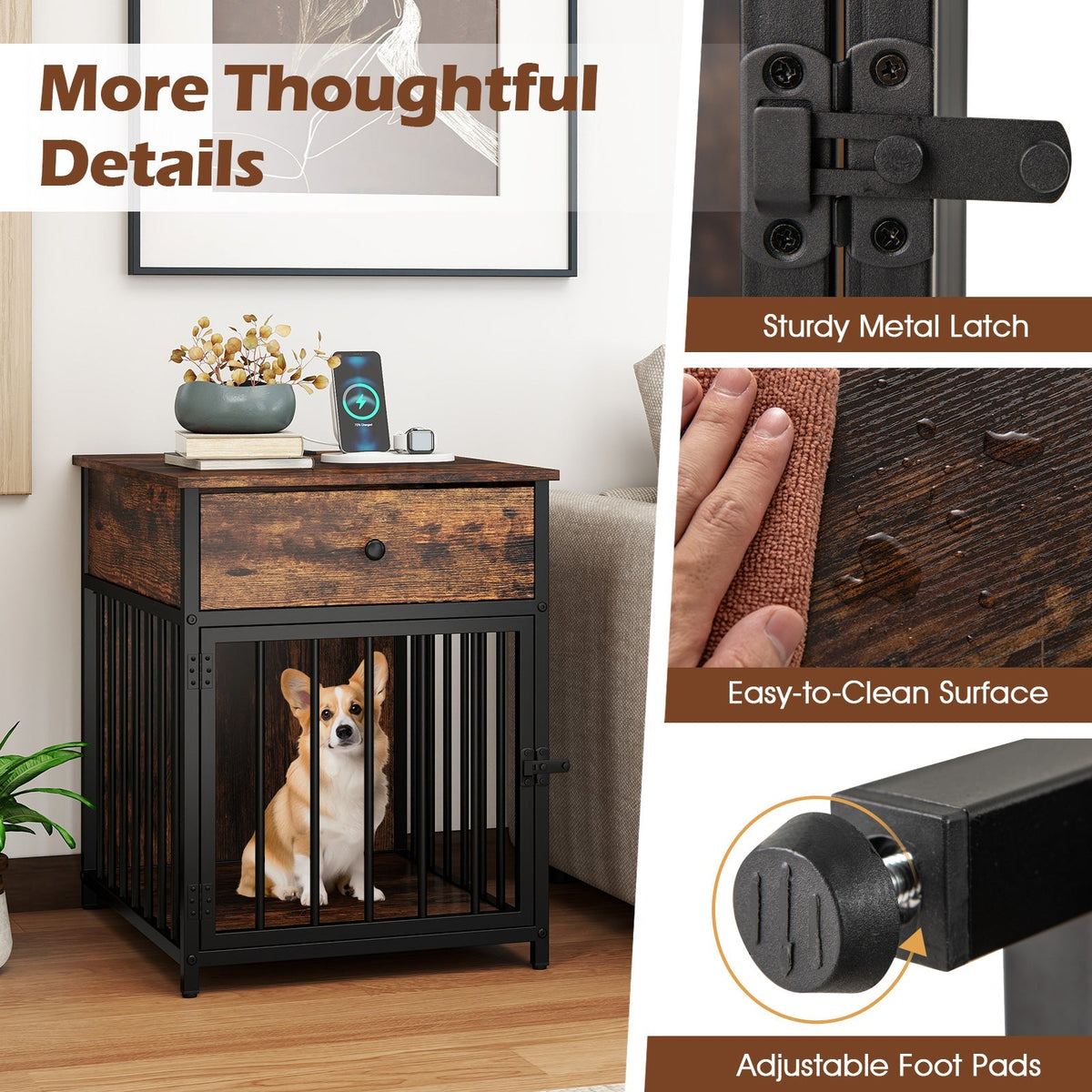 Dog Crate Furniture for Small Dogs Wooden Puppy Kennel with Charging Station-Rustic Brown