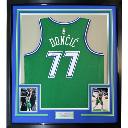Framed Autographed/Signed Luka Doncic 35x39 Dallas Mavericks Green Authentic Basketball Jersey Fanatics COA