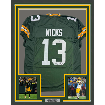 Framed Autographed/Signed Dontayvion Wicks 35x39 Green Bay Green Football Jersey JSA COA