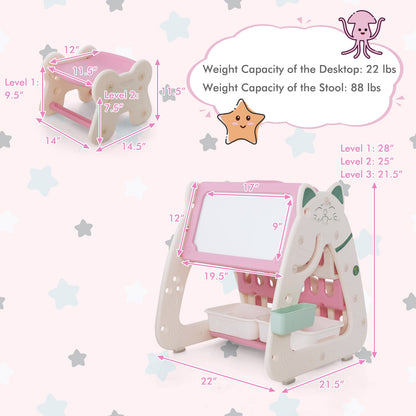 3-In-1 Double Sided Magnetic Dry-Erase Board with Stool and Flipped Writing Desktop-Pink