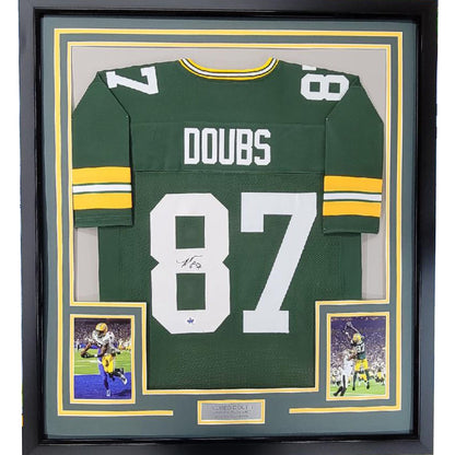 Framed Autographed/Signed Romeo Doubs 35x39 Green Bay Green Football Jersey JSA COA