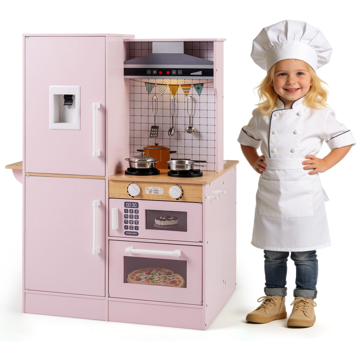 Dual-Sided Kids Play Kitchen with Water Dispenser and Range Hood for 3+ Years Old