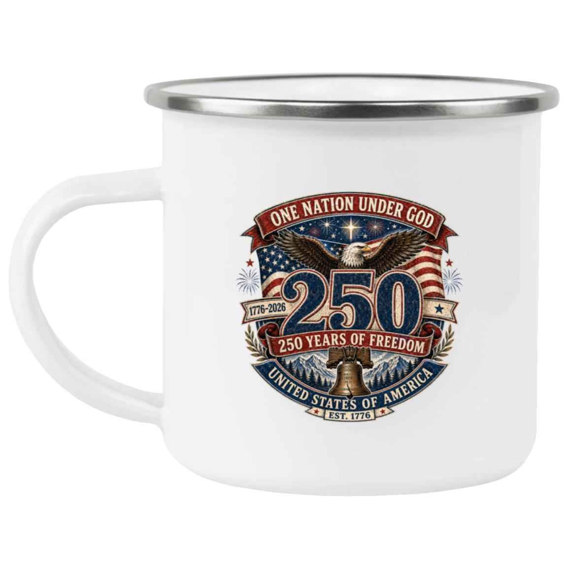 Enamel Camping Mug15oz White Mug One Nation Under God — 250 Years of Freedom - Bell