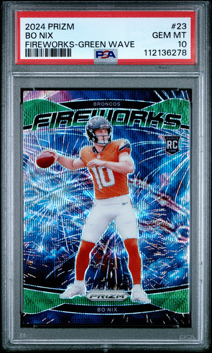 Graded 2024 Panini Prizm Bo Nix #23 Fireworks Green Wave Rookie RC Football Card PSA 10 Gem Mint