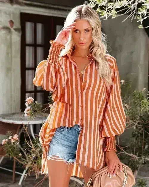Spring And Autumn New Lapel Shirts Thin Mid Length Striped Casual Long