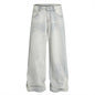 American Cleanfit Washed Denim Long Pants Men's Vintage Street Fashion Loose Straight Leg Distressed Wide Leg Dad Trousers