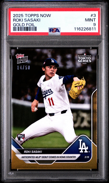 Graded 2025 Topps Now Roki Sasaki #3 Gold Foil /50 Rookie RC Baseball Card PSA 9 Mint