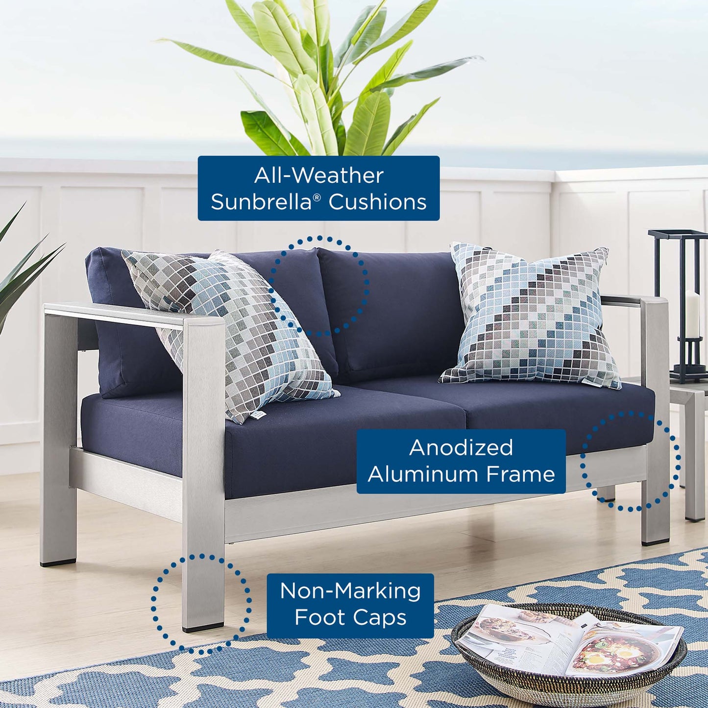 Shore Sunbrella Fabric Aluminum Outdoor Patio Loveseat by Modway